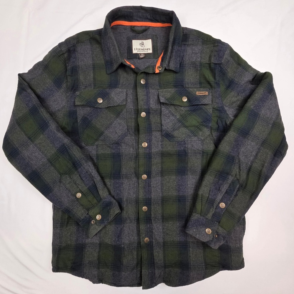 Legendary Whitetails Mens Flannel Shirt Jacket LG Green Grey Plaid Quilted Lined